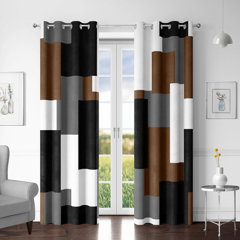 Tyrot Brown 100% Blackout Curtains for Bedroom 63 inch Long 2 Panels Set Black White Gray Modern Abstract Geometric Black Out Curtains Insulated Room Darkening Window Drapes for Living Room, 52Wx63L - Image 1