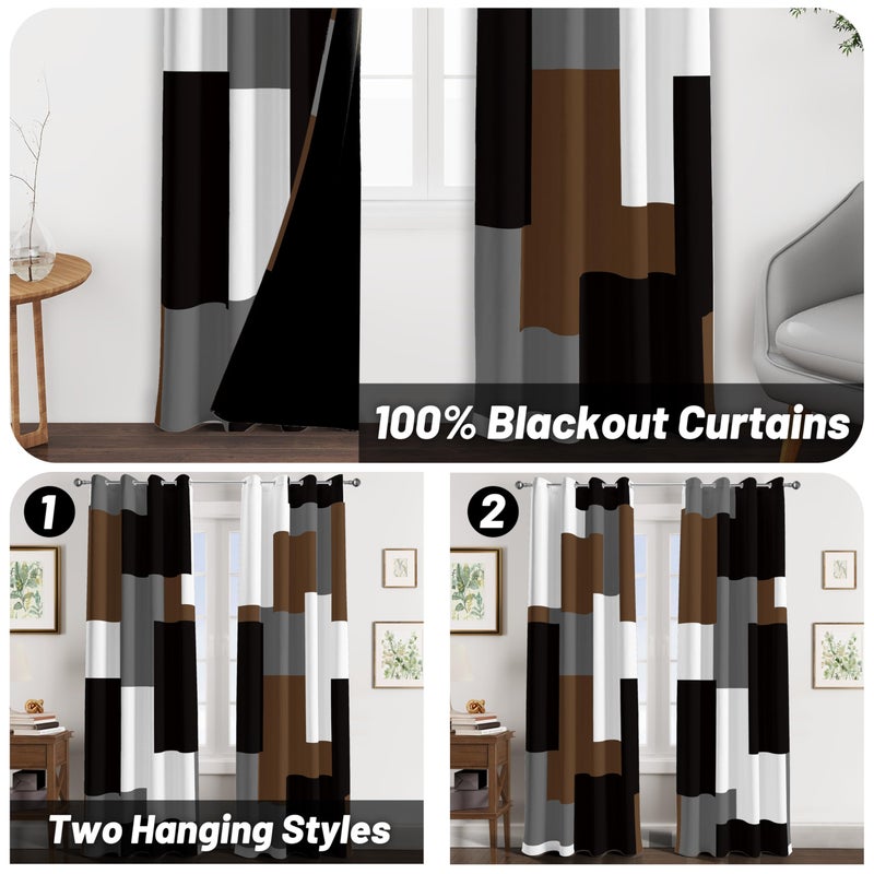 Tyrot Brown 100% Blackout Curtains for Bedroom 63 inch Long 2 Panels Set Black White Gray Modern Abstract Geometric Black Out Curtains Insulated Room Darkening Window Drapes for Living Room, 52Wx63L - Image 2