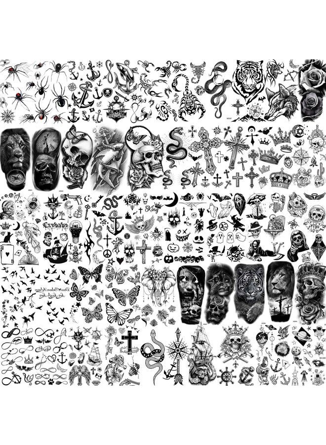 Bilizar 48 Sheets 3D Small Temporary Tattoos For Kids Women Neck Girls Arm Boys, Temp Tiny Halloween Tattoo Stickers Men Spider Cross Scorpion Snake Tiger Lion, Flower Ghost Skull Fake Tatoos Acnhor - Image 1