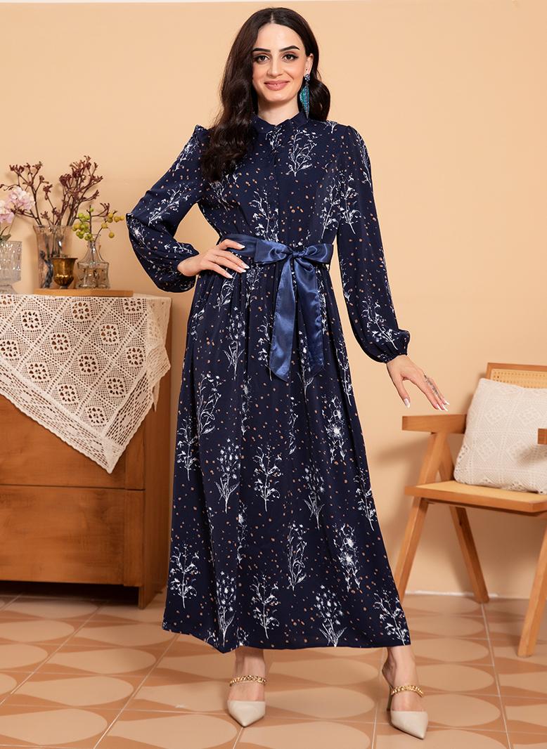 فرايديين لطيف دائري تباين اللون طباعة ضمادة كم القميص فساتين طويلة ازرق داكن - Image 1