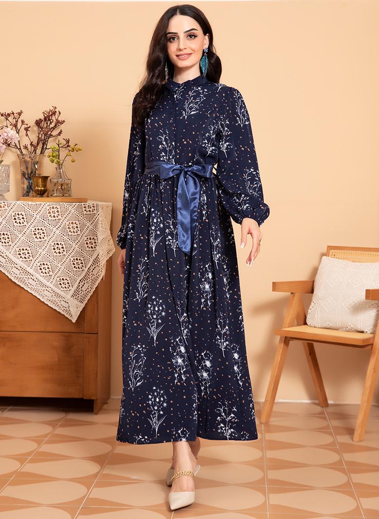 فرايديين لطيف دائري تباين اللون طباعة ضمادة كم القميص فساتين طويلة ازرق داكن - Image 5