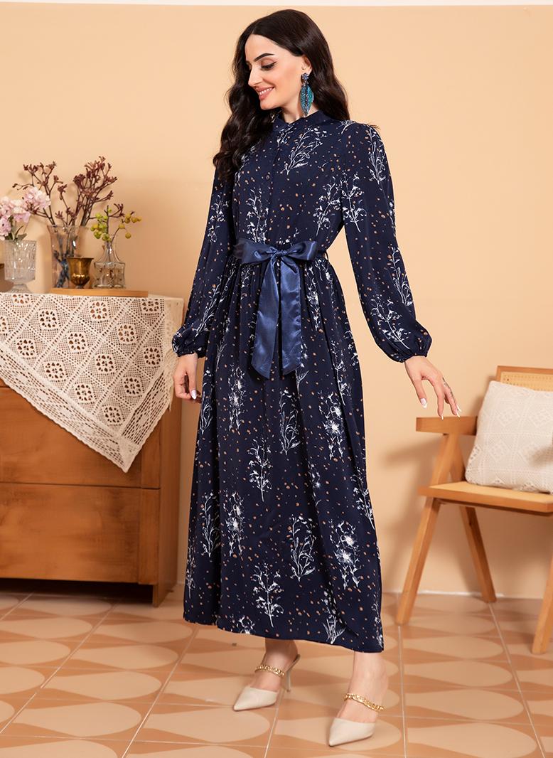 فرايديين لطيف دائري تباين اللون طباعة ضمادة كم القميص فساتين طويلة ازرق داكن - Image 4