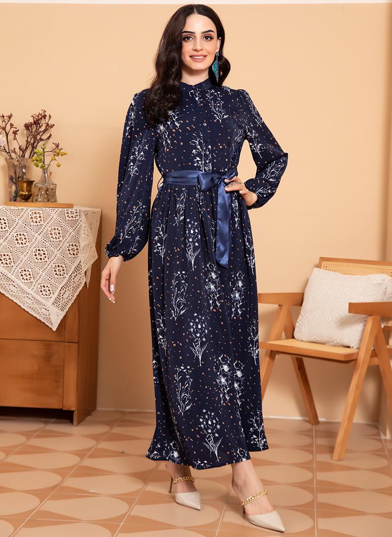 فرايديين لطيف دائري تباين اللون طباعة ضمادة كم القميص فساتين طويلة ازرق داكن - Image 3