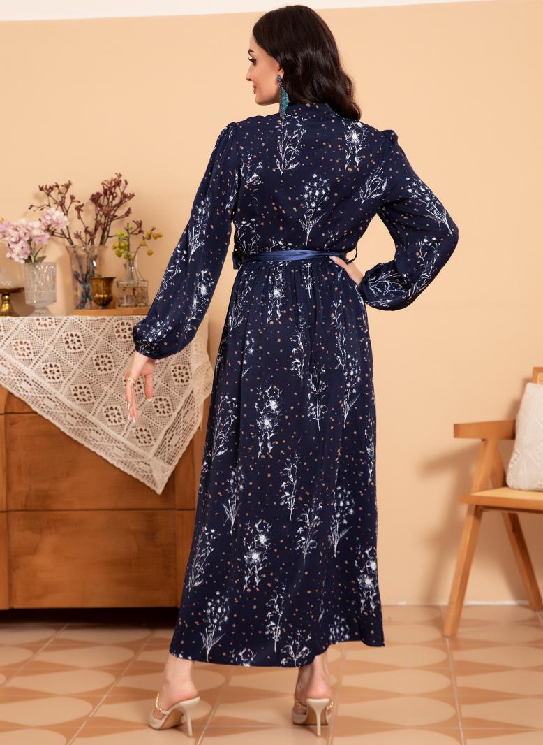 فرايديين لطيف دائري تباين اللون طباعة ضمادة كم القميص فساتين طويلة ازرق داكن - Image 2