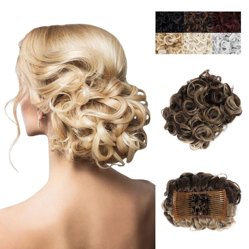 Elaine Combs Messy Bun Hair Piece Curly Dish Hair Buns Extension Thick Chignon Hairpiece Clip in Ponytail Scrunchies Hair Pieces for Women Medium Ash Brown  Light Ash Blonde Highlights 83A
