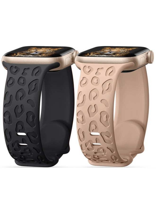 IKANFI 2Pack Leopard Engraved Bands Compatible with Apple Watch Band 41mm 40mm 38mm Women, Silicone Cheetah Sport Strap for iWatch Series SE 10 9 8 7 6 5 4 3 2 1,Ultra-BKMT-38 - Image 1