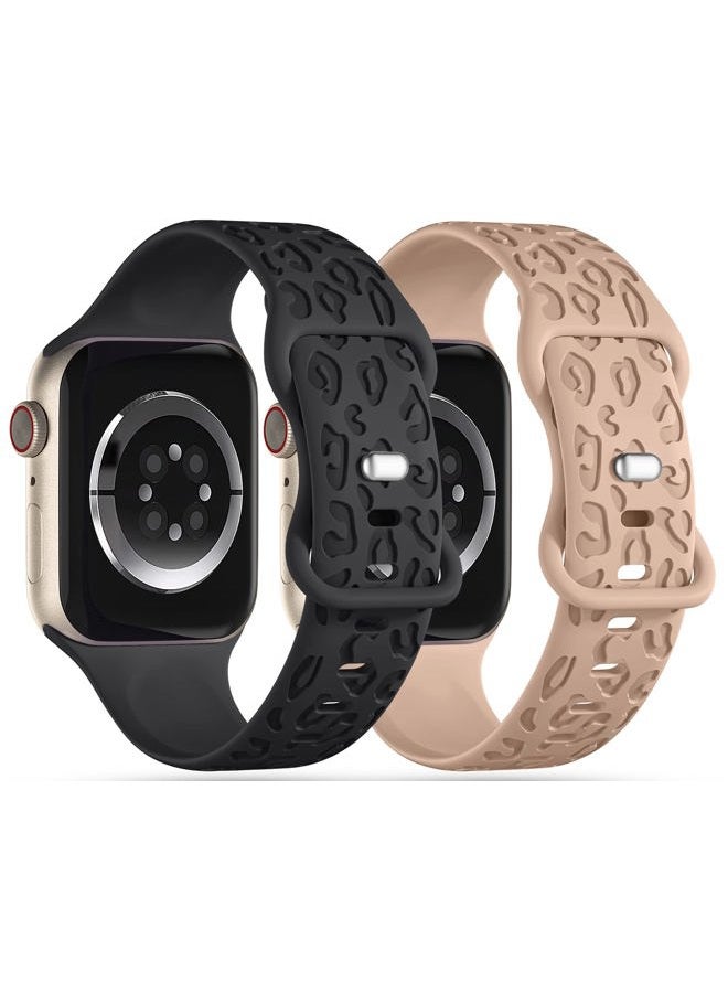 IKANFI 2Pack Leopard Engraved Bands Compatible with Apple Watch Band 41mm 40mm 38mm Women, Silicone Cheetah Sport Strap for iWatch Series SE 10 9 8 7 6 5 4 3 2 1,Ultra-BKMT-38 - Image 2