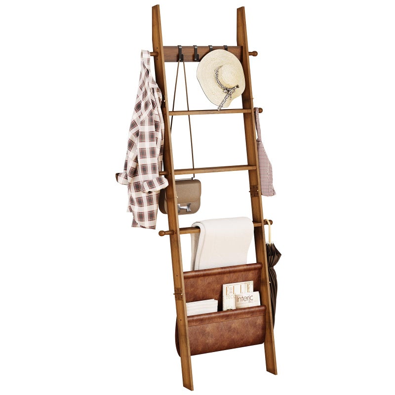ELYKEN Blanket Ladder, 5-Tier Farmhouse Wooden Rack with Synthetic Leather Pocket, 4 Removable Hooks, Decorative Leaning Ladder Shelf, Walnut - Image 1