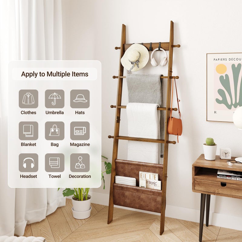 ELYKEN Blanket Ladder, 5-Tier Farmhouse Wooden Rack with Synthetic Leather Pocket, 4 Removable Hooks, Decorative Leaning Ladder Shelf, Walnut - Image 2