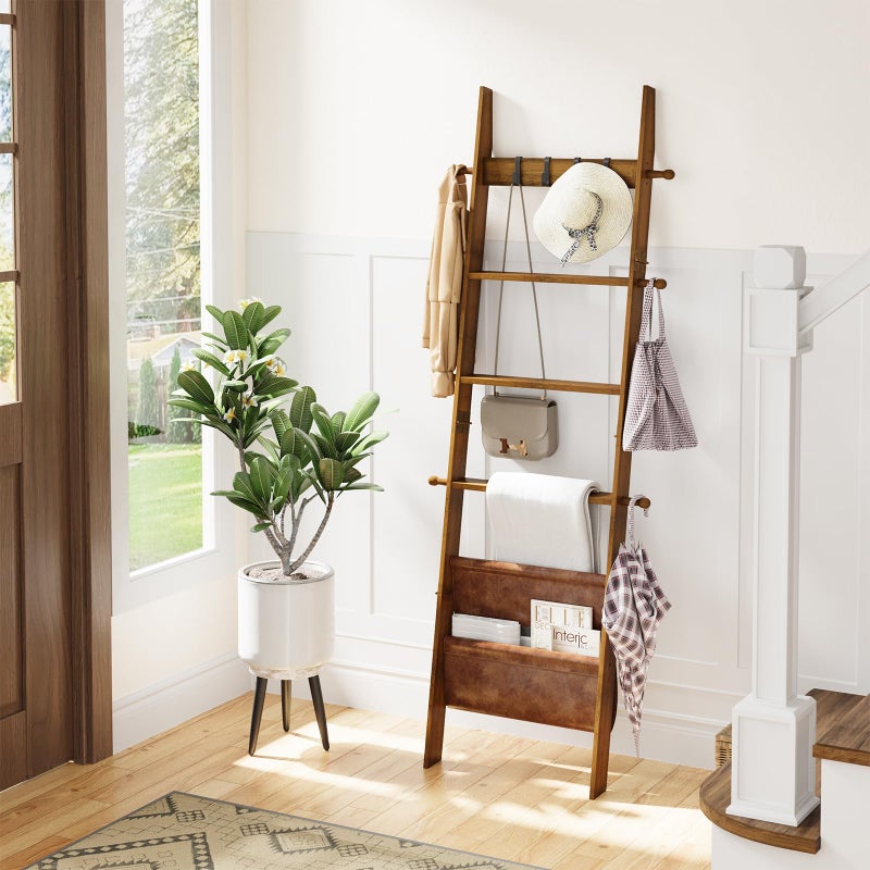 ELYKEN Blanket Ladder, 5-Tier Farmhouse Wooden Rack with Synthetic Leather Pocket, 4 Removable Hooks, Decorative Leaning Ladder Shelf, Walnut - Image 5