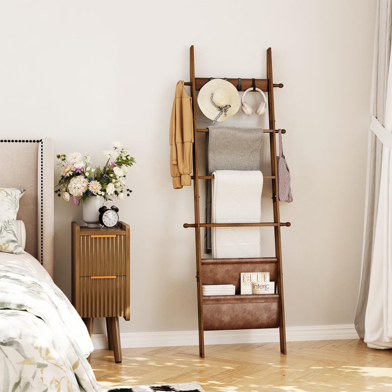 ELYKEN Blanket Ladder, 5-Tier Farmhouse Wooden Rack with Synthetic Leather Pocket, 4 Removable Hooks, Decorative Leaning Ladder Shelf, Walnut - Image 3