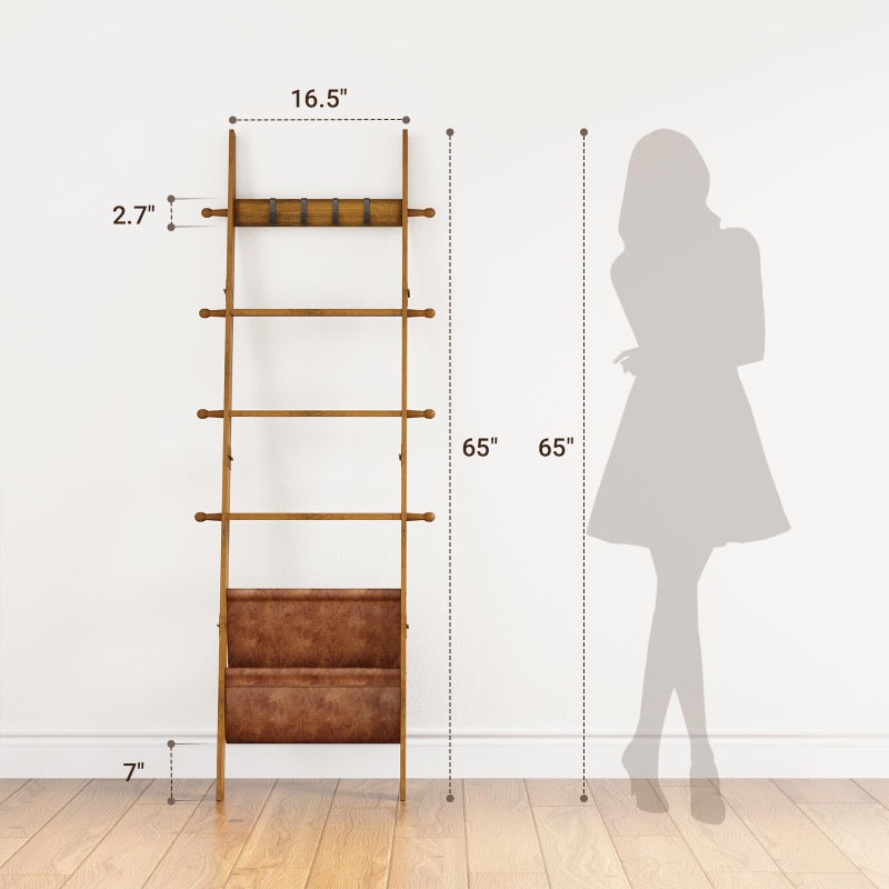 ELYKEN Blanket Ladder, 5-Tier Farmhouse Wooden Rack with Synthetic Leather Pocket, 4 Removable Hooks, Decorative Leaning Ladder Shelf, Walnut - Image 4