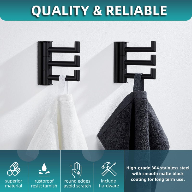 Angle Simple Swivel Towel Hooks for Bathroom, SUS 304 Stainless Steel Foldable 3 Arms Robe Towel Holder, Shower Wall Coat Hooks, Matte Black, 2 Pack - Image 4