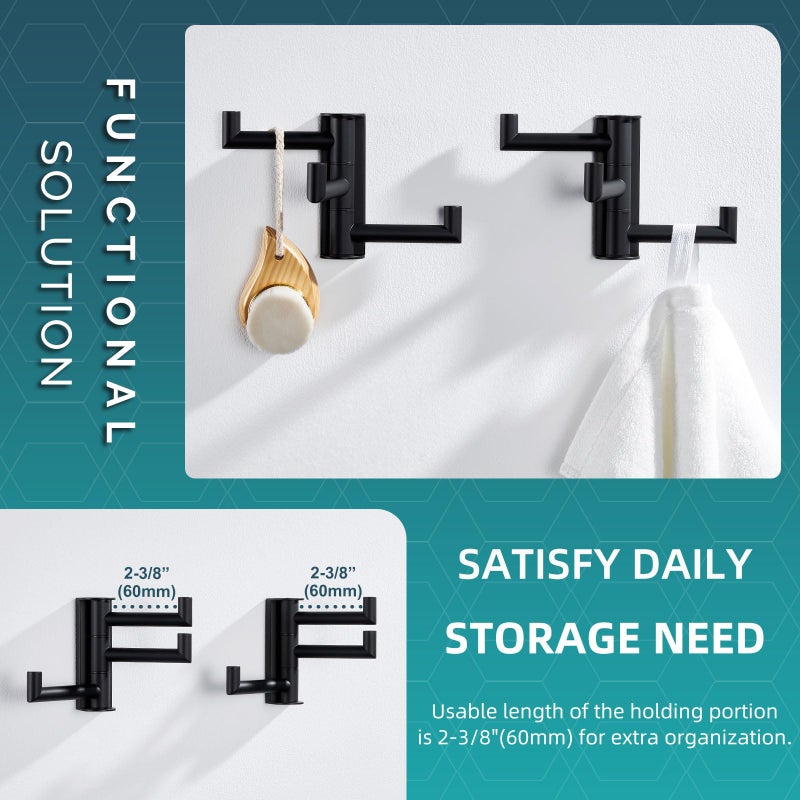 Angle Simple Swivel Towel Hooks for Bathroom, SUS 304 Stainless Steel Foldable 3 Arms Robe Towel Holder, Shower Wall Coat Hooks, Matte Black, 2 Pack - Image 5