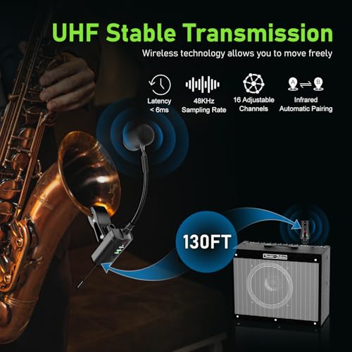 ACEMIC UHF Wireless Saxophone Microphone System Wireless Transmitter and Receiver Clip-on Instrument Microphones & Systems Mic for Trumpet, Sax, Musician, Active PA Systems, ST-5 - Image 2