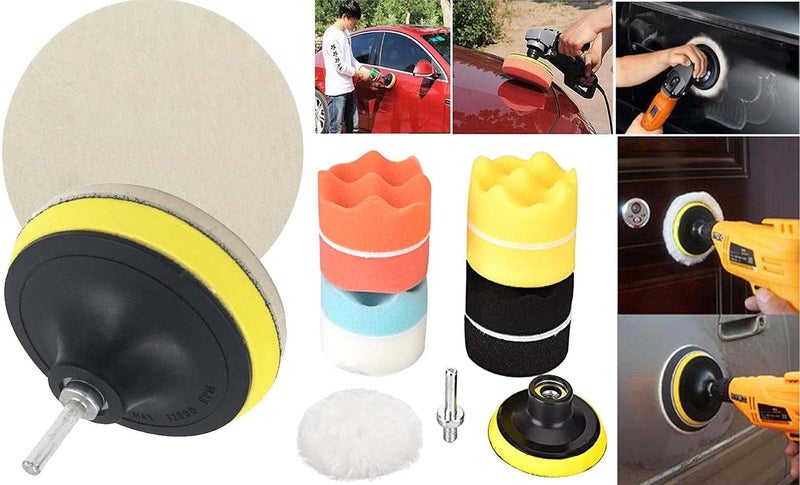 3" inch 7 Pieces Wool & Felt Waxing Sponge & Felt Pads Buffing Polishing Pad Car Polisher Kit with M10/14 Drill Adapter (Pack of 2 Sets, Multicolour) - Image 4