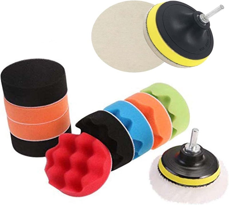 3" inch 7 Pieces Wool & Felt Waxing Sponge & Felt Pads Buffing Polishing Pad Car Polisher Kit with M10/14 Drill Adapter (Pack of 2 Sets, Multicolour) - Image 1
