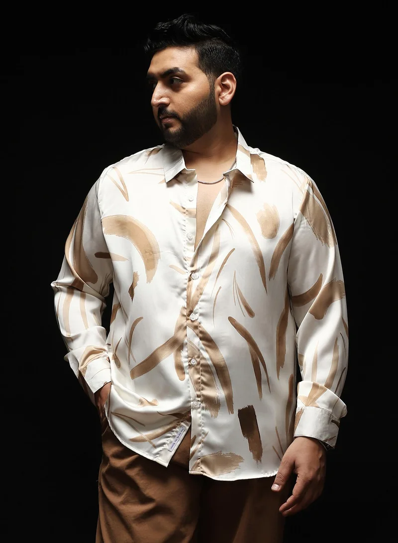 Instafab Plus Instafab Plus Men's Chocolate Brown Contrast-Strokes Imprint Shirt | Spread Collar , Long Cuffed Sleeves , Button Closure , Curved Hemline | Abstract-Print Plain Polyester For Street & Casual Wear