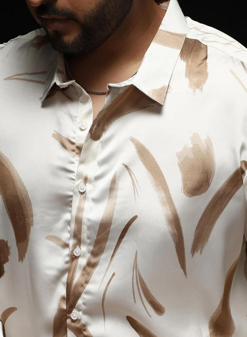 Instafab Plus Instafab Plus Men's Chocolate Brown Contrast-Strokes Imprint Shirt | Spread Collar , Long Cuffed Sleeves , Button Closure , Curved Hemline | Abstract-Print Plain Polyester For Street & Casual Wear