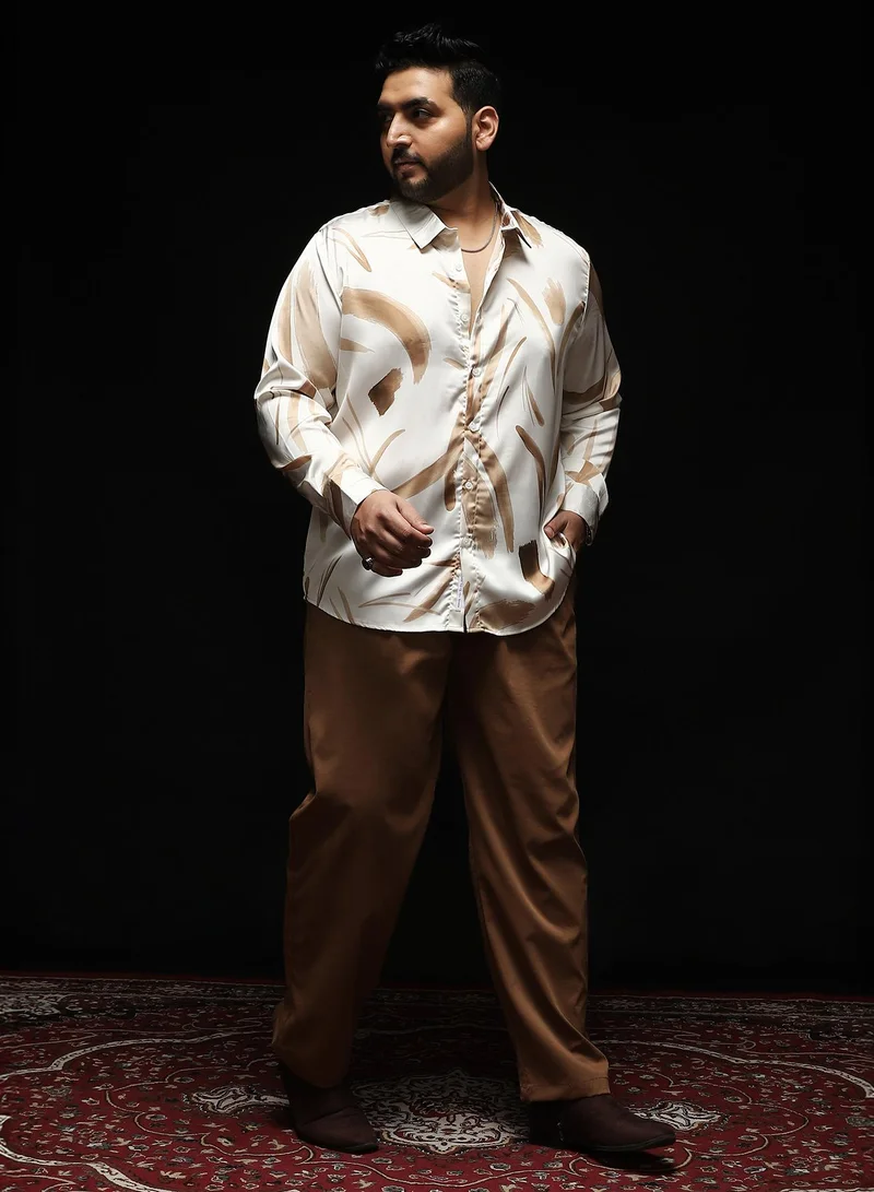 Instafab Plus Instafab Plus Men's Chocolate Brown Contrast-Strokes Imprint Shirt | Spread Collar , Long Cuffed Sleeves , Button Closure , Curved Hemline | Abstract-Print Plain Polyester For Street & Casual Wear