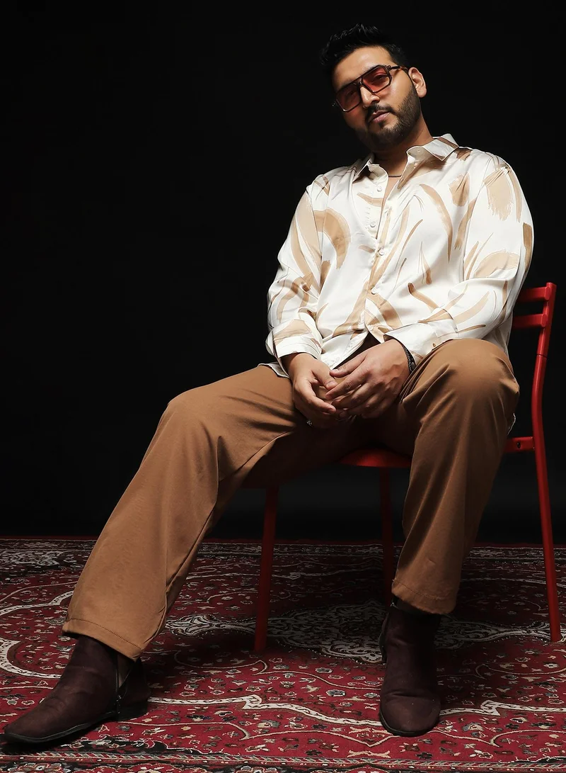 Instafab Plus Instafab Plus Men's Chocolate Brown Contrast-Strokes Imprint Shirt | Spread Collar , Long Cuffed Sleeves , Button Closure , Curved Hemline | Abstract-Print Plain Polyester For Street & Casual Wear