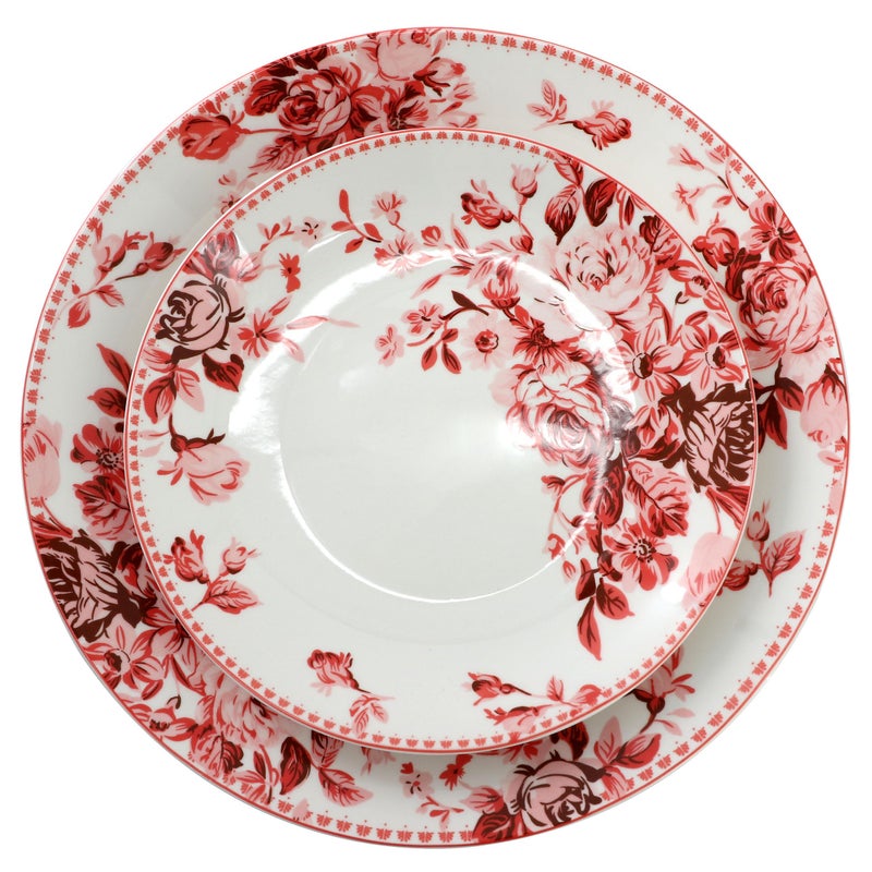 Elama Traditional Rose 16 Piece Porcelain Dinnerwar/Tableware Set, Service for 4 (Red) - Image 3