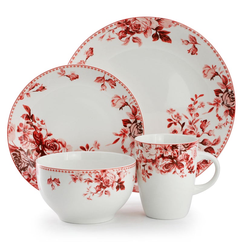 Elama Traditional Rose 16 Piece Porcelain Dinnerwar/Tableware Set, Service for 4 (Red) - Image 2