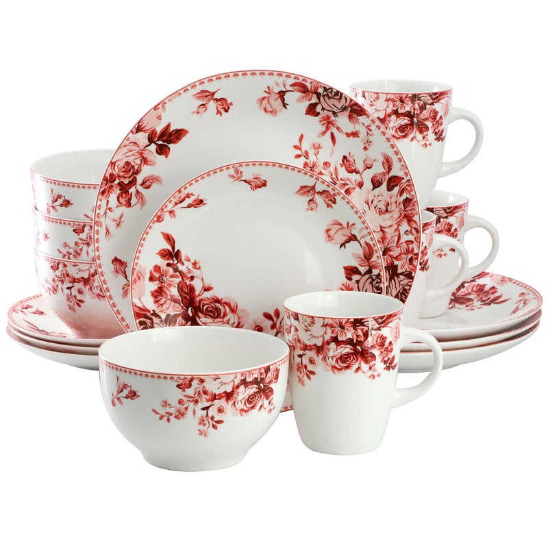 Elama Traditional Rose 16 Piece Porcelain Dinnerwar/Tableware Set, Service for 4 (Red) - Image 1