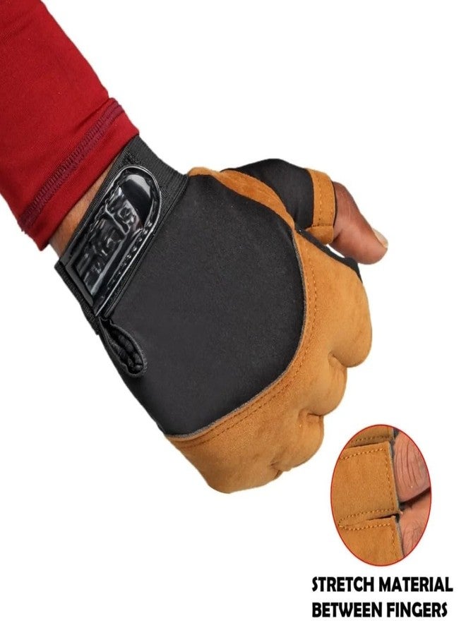 QTM Good Exercise Non-Slip Fitness Sports Training Half Finger Weightlifting Gloves Gym & Fitness Gloves (Brown, Black) - Image 5