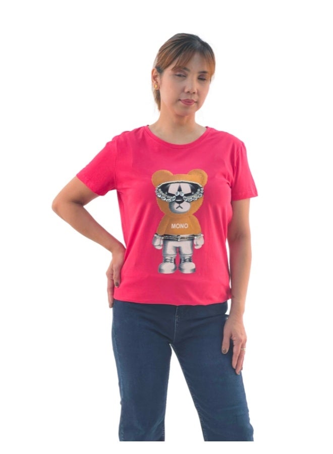 JOANNA JOANNA W203021 Women's Mono Bear Print Round Neck Short Sleeve T-Shirt - Pink  - Image 1