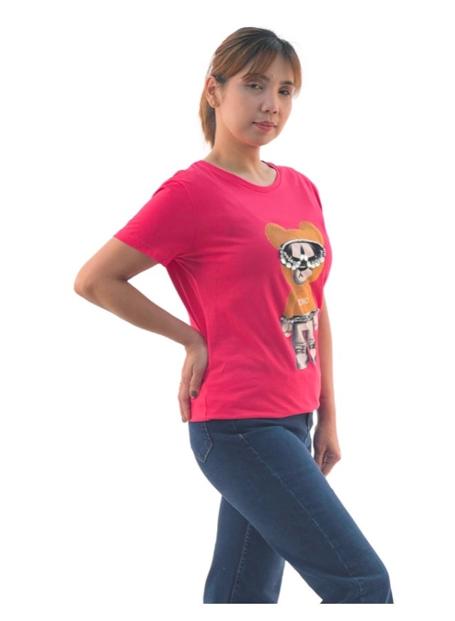JOANNA JOANNA W203021 Women's Mono Bear Print Round Neck Short Sleeve T-Shirt - Pink  - Image 2