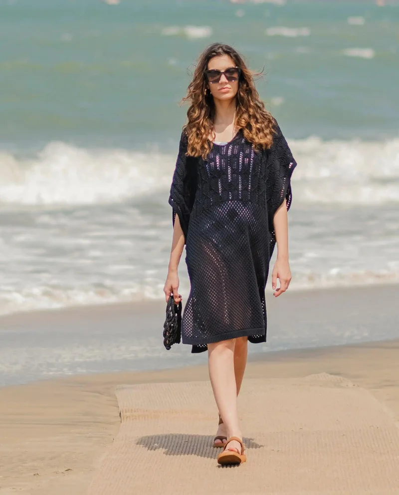 Rareism Rareism Women Espantiago Black Cotton Fabric Short Sleeves V-Neck Extended Sleeve Relaxed Fit Plain Knee Length Dress