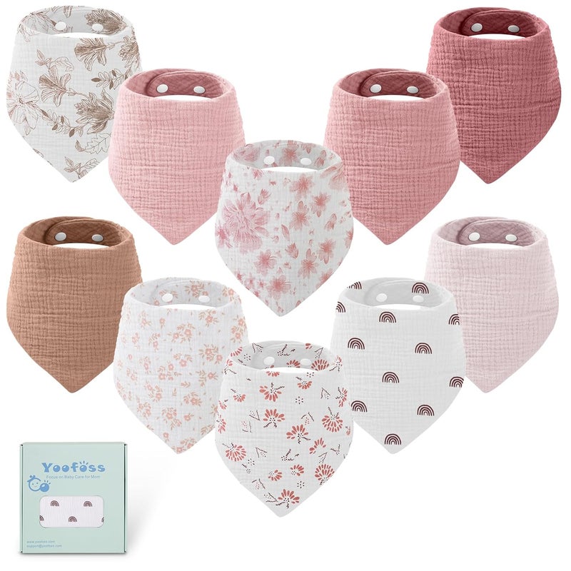 Yoofoss Muslin Baby Bibs 10 Pack 100 Organic Cotton 6Layer Soft Absorbent Drool Bandana Baby Bibs for Drooling and Teething for Boys and Girls Pink Flower - Image 1