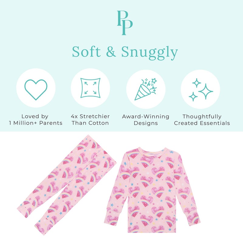 Posh Peanut Girls Pajamas - Soft, Viscose from Bamboo PJs for Kids - Matching, Long Sleeve Toddler Pajamas for Girls (2 Years) Rainbow Hearts - Image 3