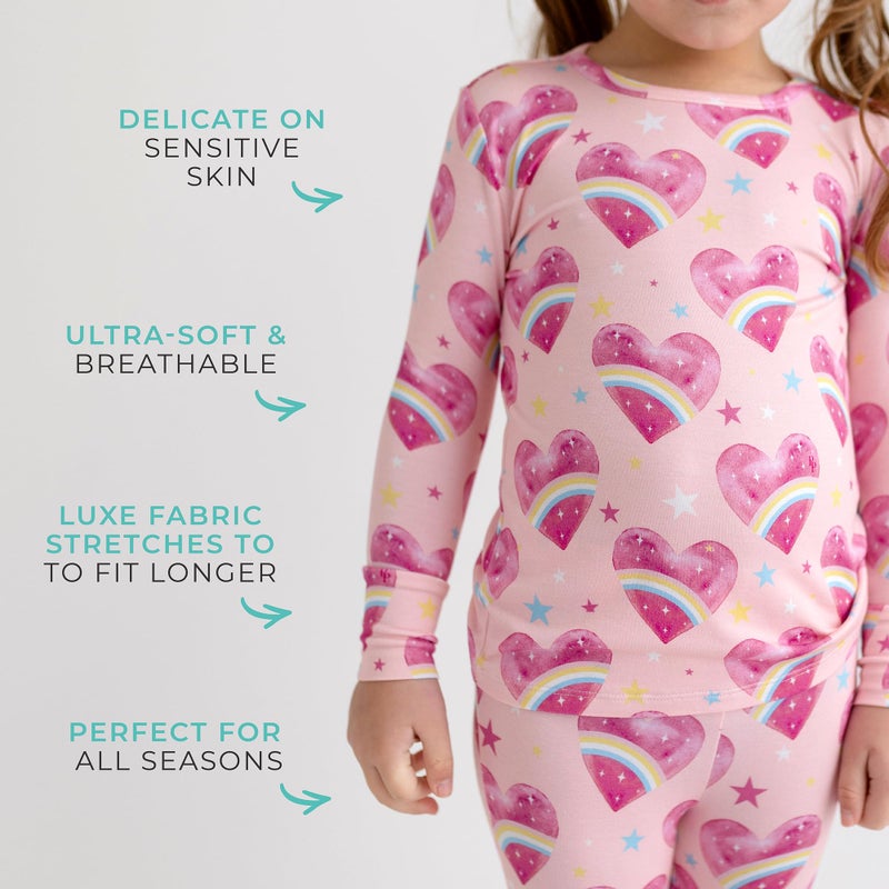 Posh Peanut Girls Pajamas - Soft, Viscose from Bamboo PJs for Kids - Matching, Long Sleeve Toddler Pajamas for Girls (2 Years) Rainbow Hearts - Image 4