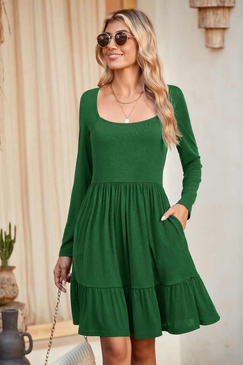 Newshows Long Sleeve Casual Womens Fall Dresses Modest Church Teacher Work Babydoll Boho Sundress 2025 with Pockets(0 Forest Green,M) - Image 3