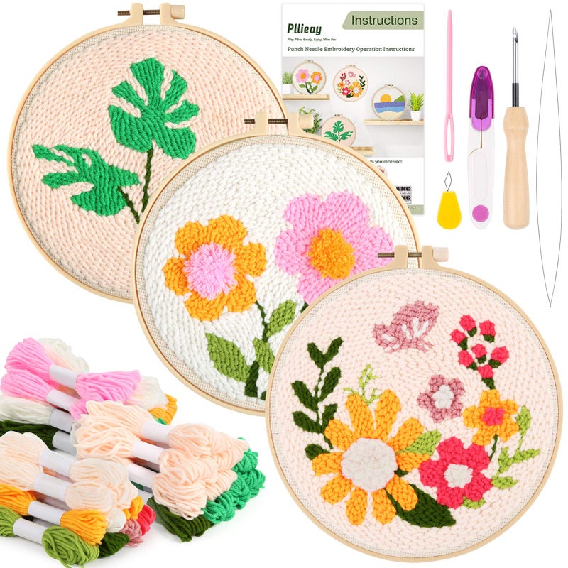 Pllieay 3 Set Punch Needle Embroidery Starter Kits Include Instruction, Punch Needle Fabric with Pattern, Yarns, Embroidery Hoops for Rug-Punch & Pinch Needle - Image 1