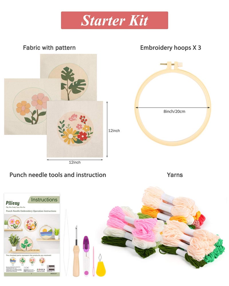 Pllieay 3 Set Punch Needle Embroidery Starter Kits Include Instruction, Punch Needle Fabric with Pattern, Yarns, Embroidery Hoops for Rug-Punch & Pinch Needle - Image 3