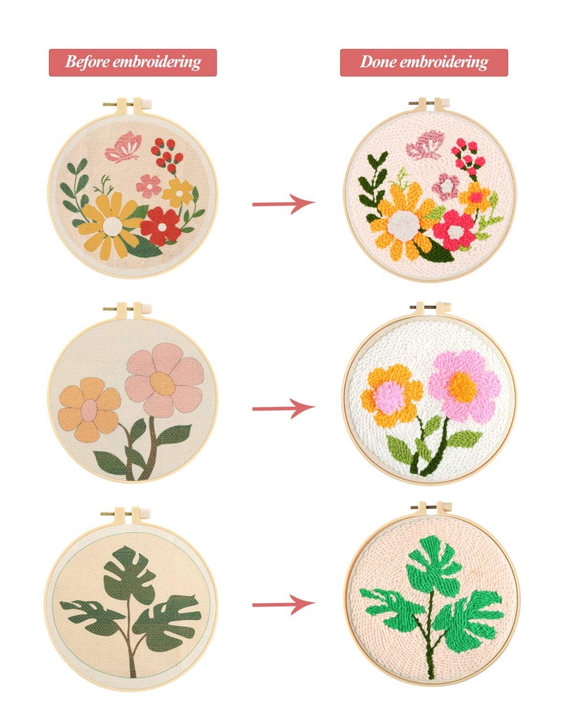 Pllieay 3 Set Punch Needle Embroidery Starter Kits Include Instruction, Punch Needle Fabric with Pattern, Yarns, Embroidery Hoops for Rug-Punch & Pinch Needle - Image 5