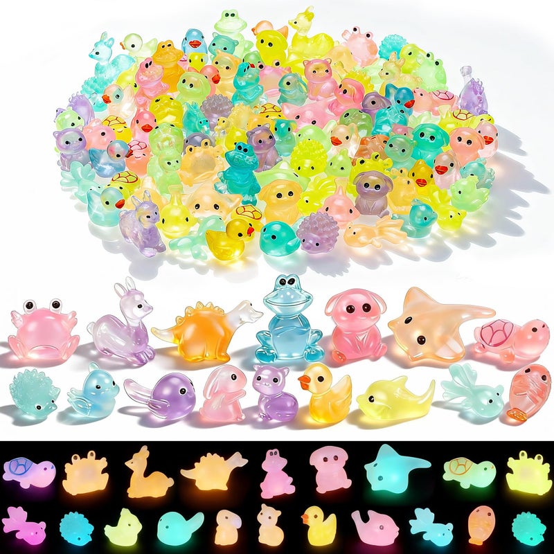 QUMMFA 100 Pcs Mini Resin Animals Glow in The Dark Tiny Ducks to Hide, Luminous Small Animal Figurines Bulk for Aquarium Decorations, 16 Different Animals with a Storage Box, Fairy Garden Accessories - Image 1