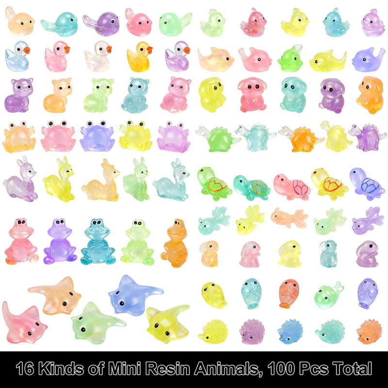 QUMMFA 100 Pcs Mini Resin Animals Glow in The Dark Tiny Ducks to Hide, Luminous Small Animal Figurines Bulk for Aquarium Decorations, 16 Different Animals with a Storage Box, Fairy Garden Accessories - Image 2