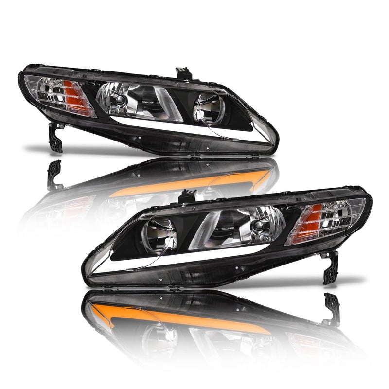 Alpha Owls 8712306 Crystal Headlights with Switchback Sequential LED Light Bar - Black Amber for 2006-2011 Honda Civic 4 Door Sedan
