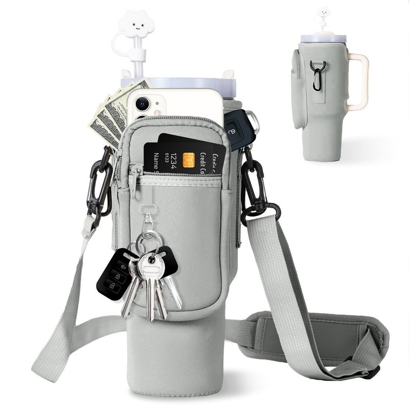 Diving material ice cup set custom stanley slung kettle bag Stanley 40oz thermos cup bag protective cover Silver Gray (keychain + carabiner * 1) 