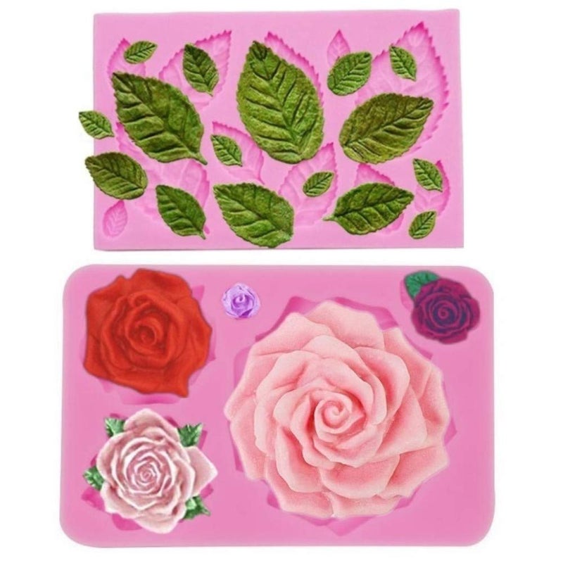 Large Rose Mold SiliconeRose Flower and Leaves Fondant Cake MoldsLeaf Candy Chocolate Molds for Wedding Cake Decoration SugarcraftCupcake TopperPolymer ClaySoap Wax Making Crafting Projects
