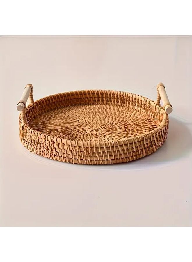 Handwoven Rattan Tray With Heat Resistant Mat Natural Brown Storage Basket 8 66in - Image 1