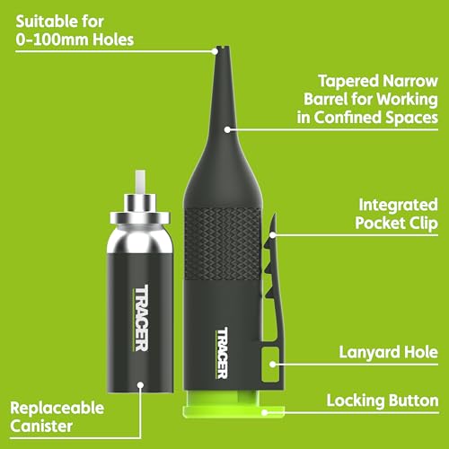Tracer Trueshot Deep Hole Chalk Marker 4 Inch Reach High-Visibility Non Permanent Green Chalk Replaceable Cartridge One-Handed Spray Action Construction & DIY Use - Image 2