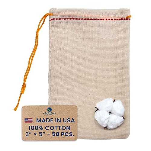 Celestial Gifts Muslin Bags - Drawstring Bags Small 50pcs - 3x5, Reusable Tea, Jewelry, Gift, Spice and Sachet Bag - 100% Cotton - Made in USA - (Red Hem & Orange Drawstring) - Image 1