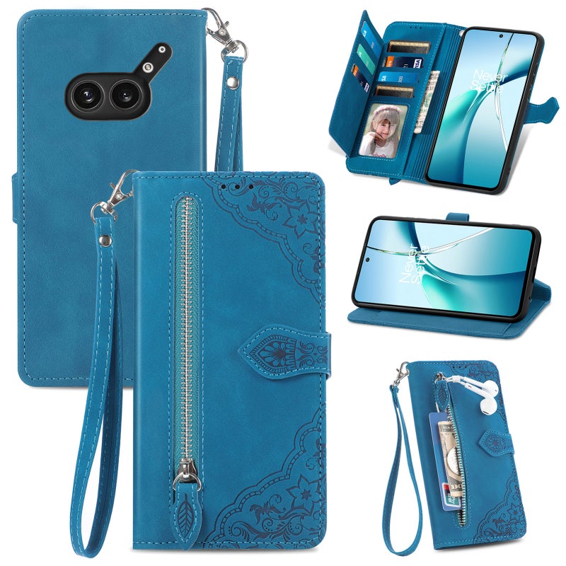 HuHa Case Cover For Nothing Phone 2a Plus Embossed Flower Zipper Leather Phone Case(Blue) - Image 1