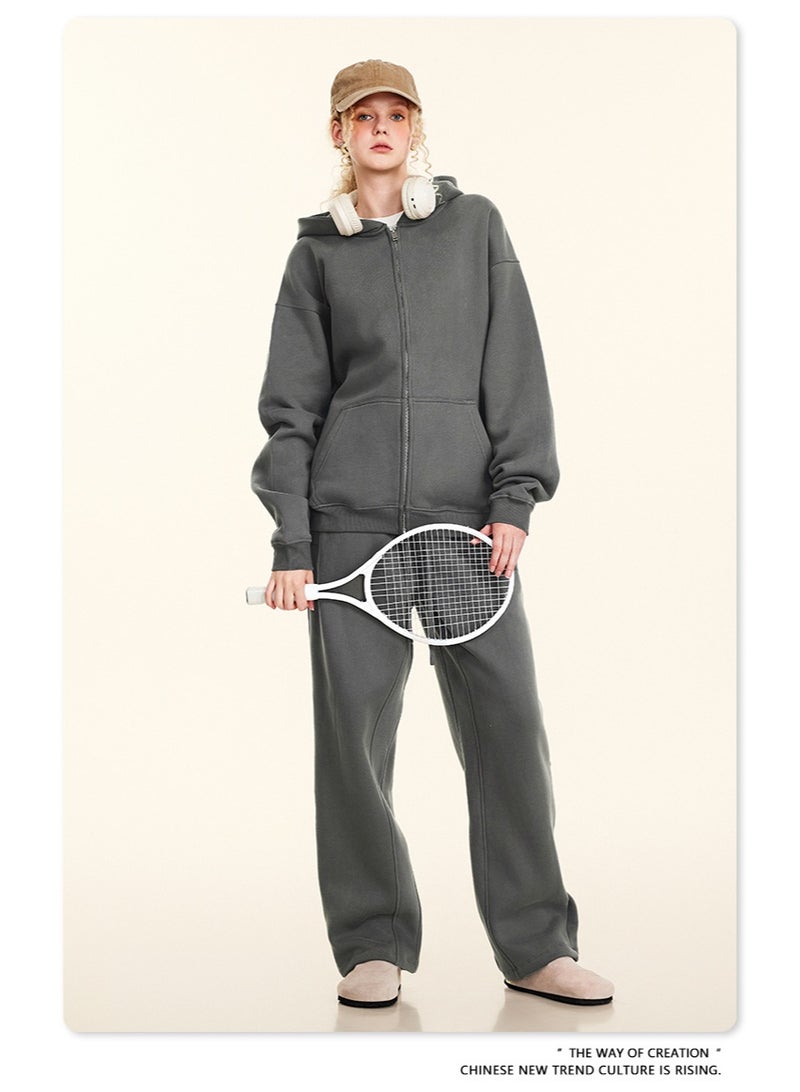 بى طقم من قطعتين: سويت شيرت بغطاء رأس بلون سادة مبطن بالصوف، وكارديجان فضفاض كاجوال، وبنطال رياضي (رمادي) - Image 3