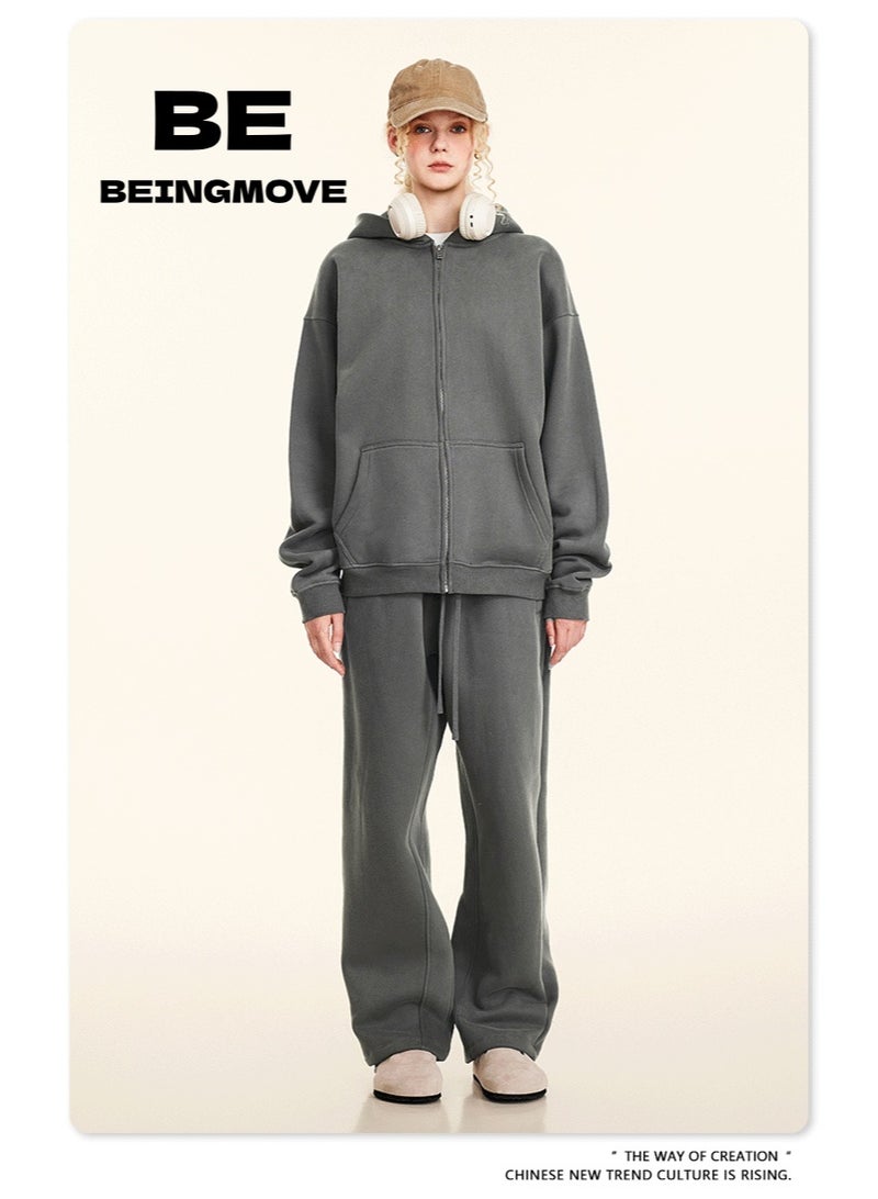 بى طقم من قطعتين: سويت شيرت بغطاء رأس بلون سادة مبطن بالصوف، وكارديجان فضفاض كاجوال، وبنطال رياضي (رمادي) - Image 1